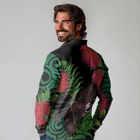 Meri Kirihimete New Zealand Long Sleeve Polo Shirt Piwakawaka Koru Fern Mix Pohutukawa LT14 - Polynesian Pride