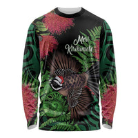 Meri Kirihimete New Zealand Long Sleeve Shirt Piwakawaka Koru Fern Mix Pohutukawa LT14 Unisex Black - Polynesian Pride