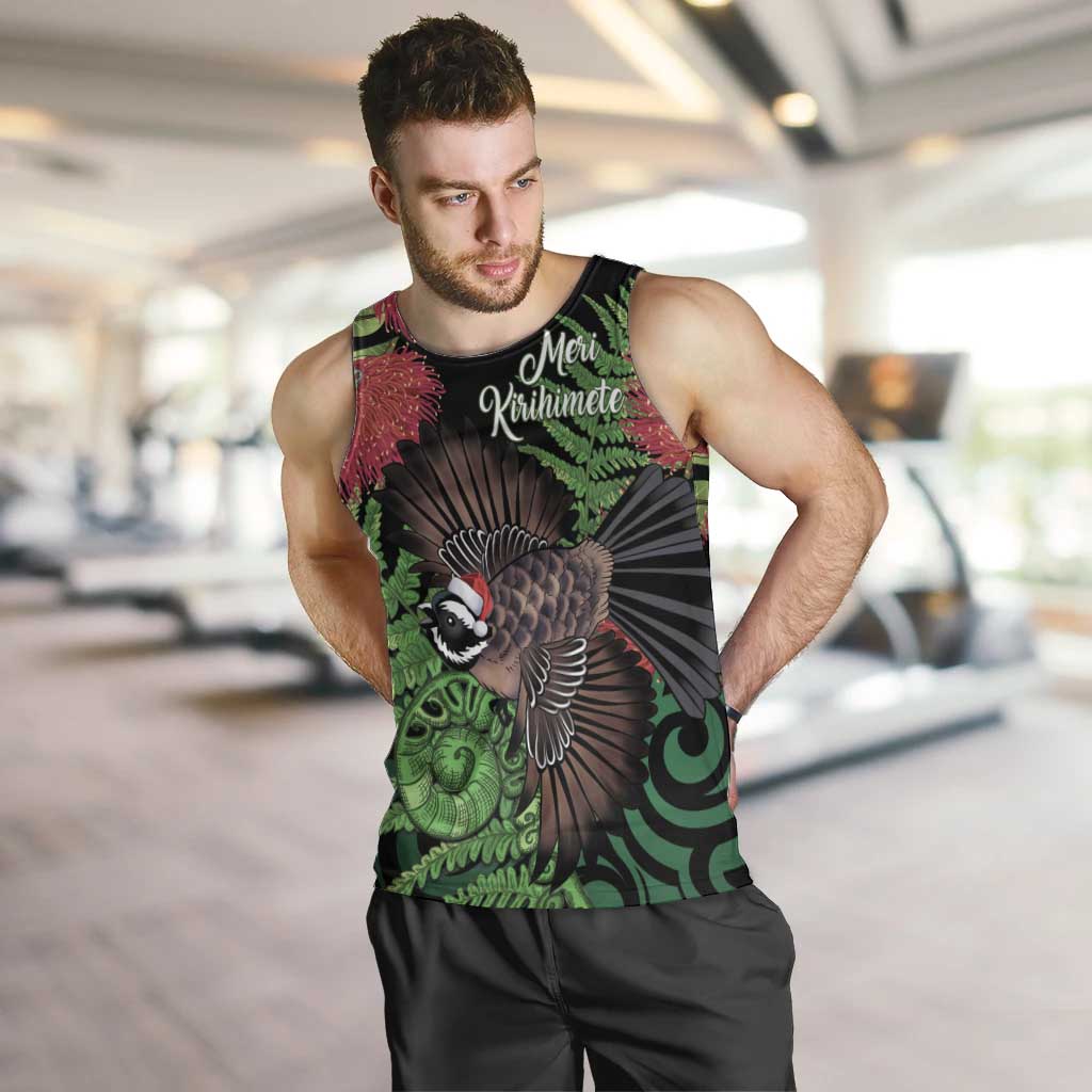 Meri Kirihimete New Zealand Men Tank Top Piwakawaka Koru Fern Mix Pohutukawa LT14 Black - Polynesian Pride