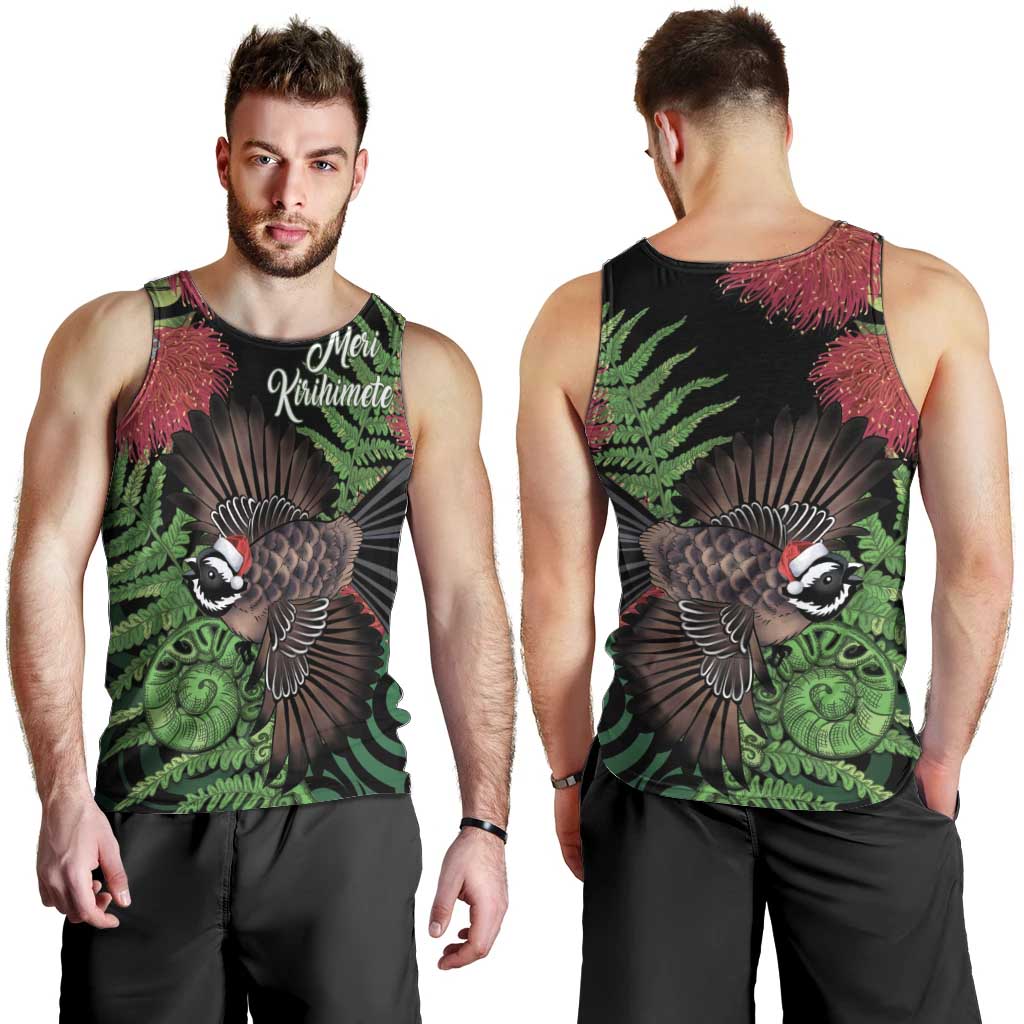 Meri Kirihimete New Zealand Men Tank Top Piwakawaka Koru Fern Mix Pohutukawa LT14 - Polynesian Pride