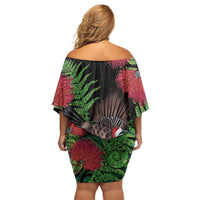 Meri Kirihimete New Zealand Off Shoulder Short Dress Piwakawaka Koru Fern Mix Pohutukawa - Polynesian Pride