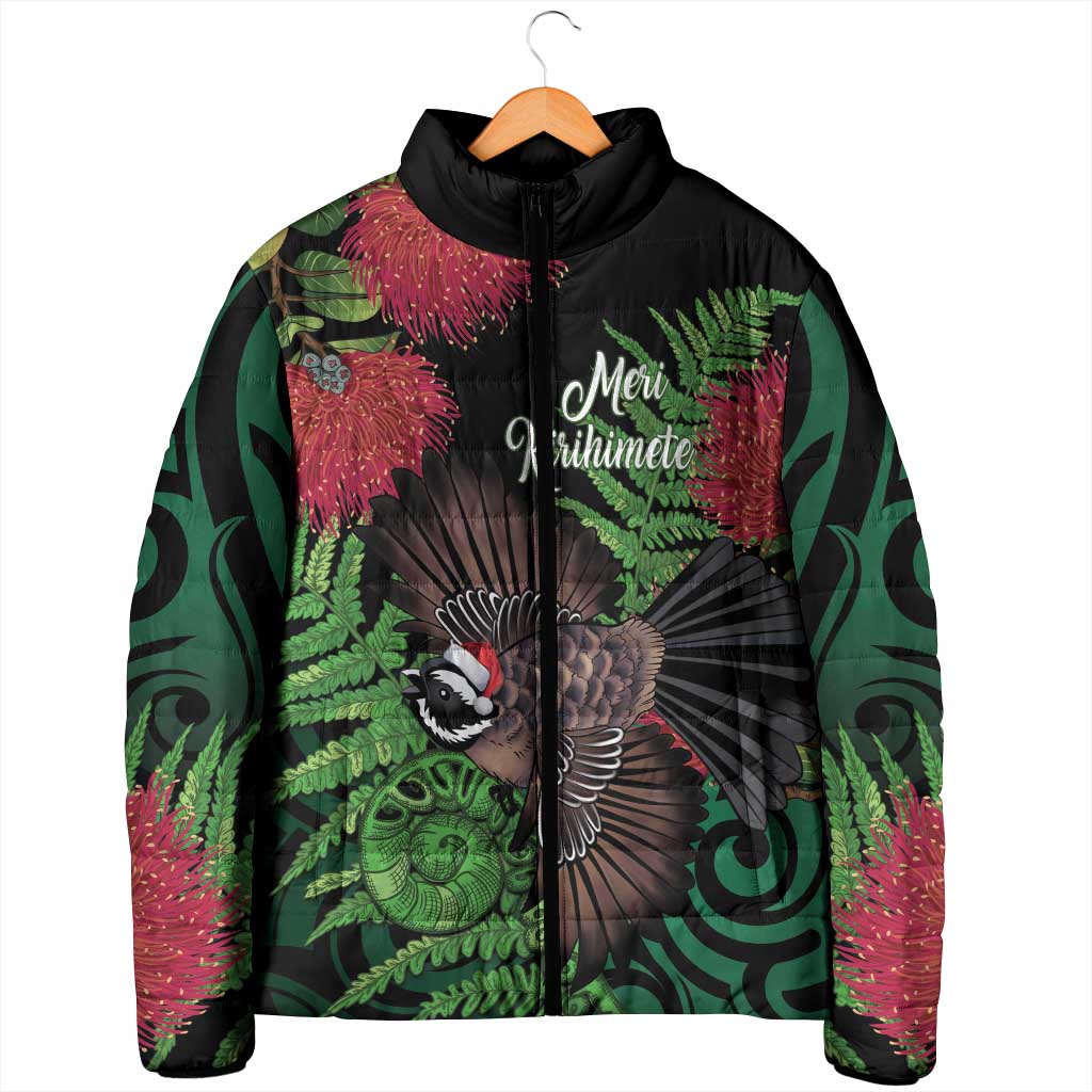 Meri Kirihimete New Zealand Padded Jacket Piwakawaka Koru Fern Mix Pohutukawa LT14 - Polynesian Pride