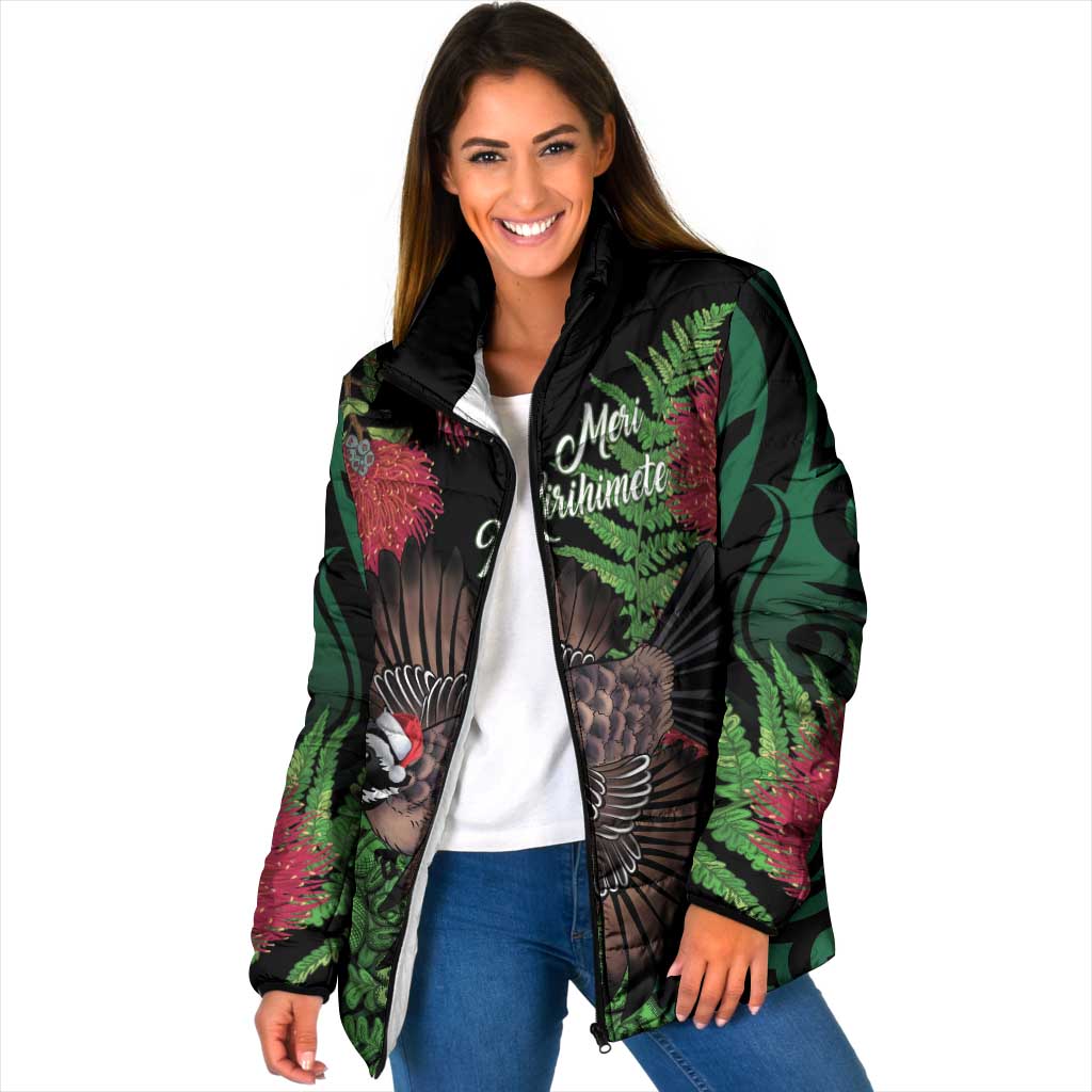 Meri Kirihimete New Zealand Padded Jacket Piwakawaka Koru Fern Mix Pohutukawa LT14 Women Black - Polynesian Pride