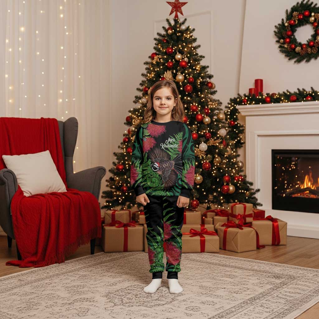 Meri Kirihimete New Zealand Christmas Pajama Set Piwakawaka Koru Fern Mix Pohutukawa - Polynesian Pride