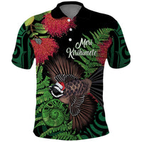Meri Kirihimete New Zealand Polo Shirt Piwakawaka Koru Fern Mix Pohutukawa LT14 Black - Polynesian Pride