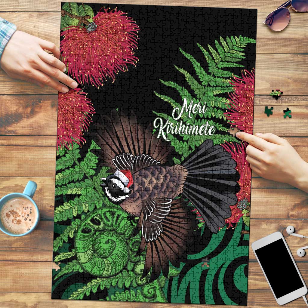 Meri Kirihimete New Zealand Puzzle Piwakawaka Koru Fern Mix Pohutukawa LT14 Black - Polynesian Pride