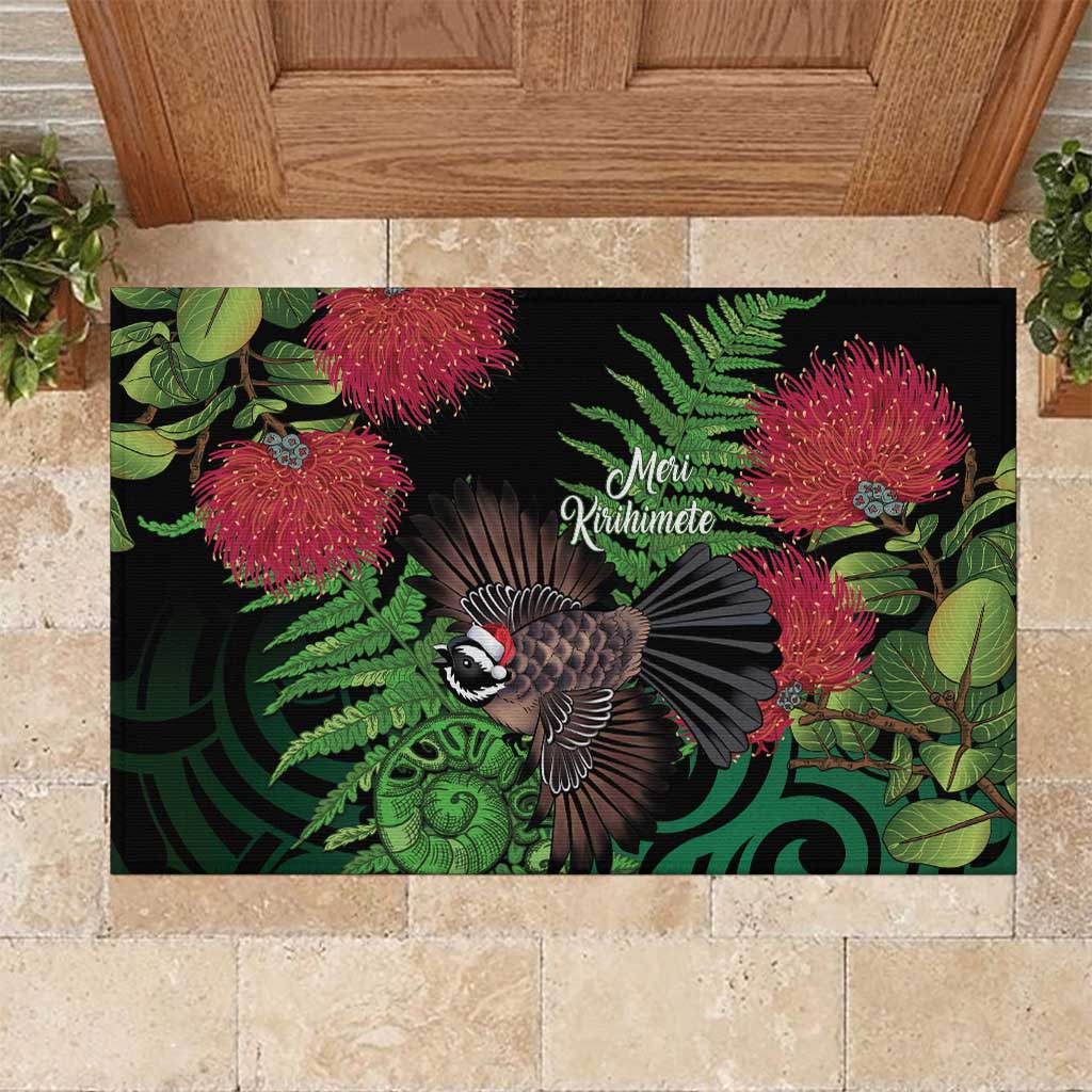 Meri Kirihimete New Zealand Rubber Doormat Piwakawaka Koru Fern Mix Pohutukawa LT14 Black - Polynesian Pride