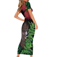 Meri Kirihimete New Zealand Short Sleeve Bodycon Dress Piwakawaka Koru Fern Mix Pohutukawa - Polynesian Pride