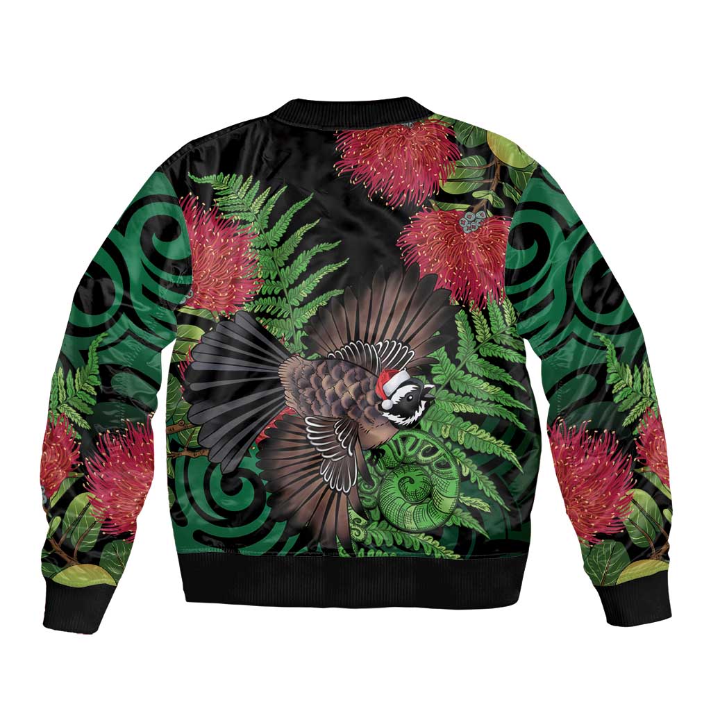 Meri Kirihimete New Zealand Sleeve Zip Bomber Jacket Piwakawaka Koru Fern Mix Pohutukawa - Polynesian Pride