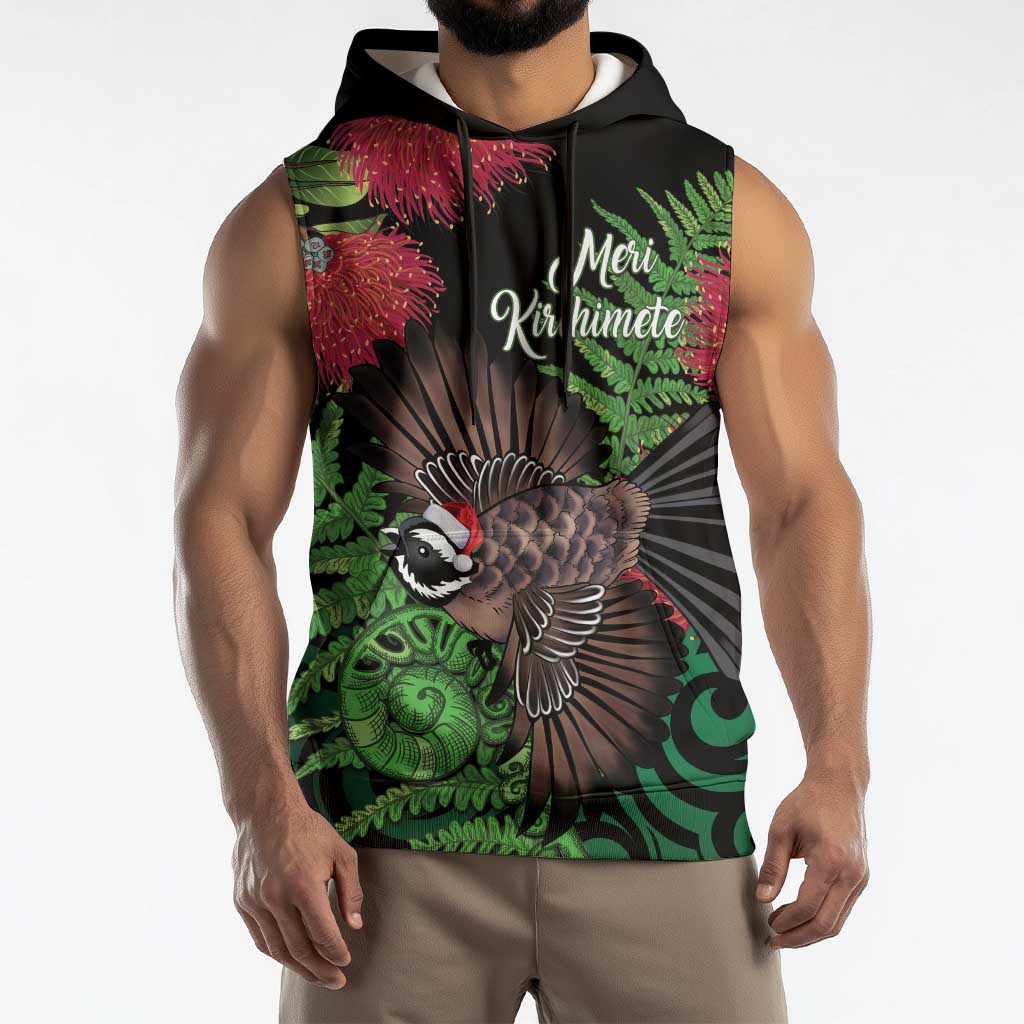 Meri Kirihimete New Zealand Sleeveless Hoodie Piwakawaka Koru Fern Mix Pohutukawa LT14 - Polynesian Pride