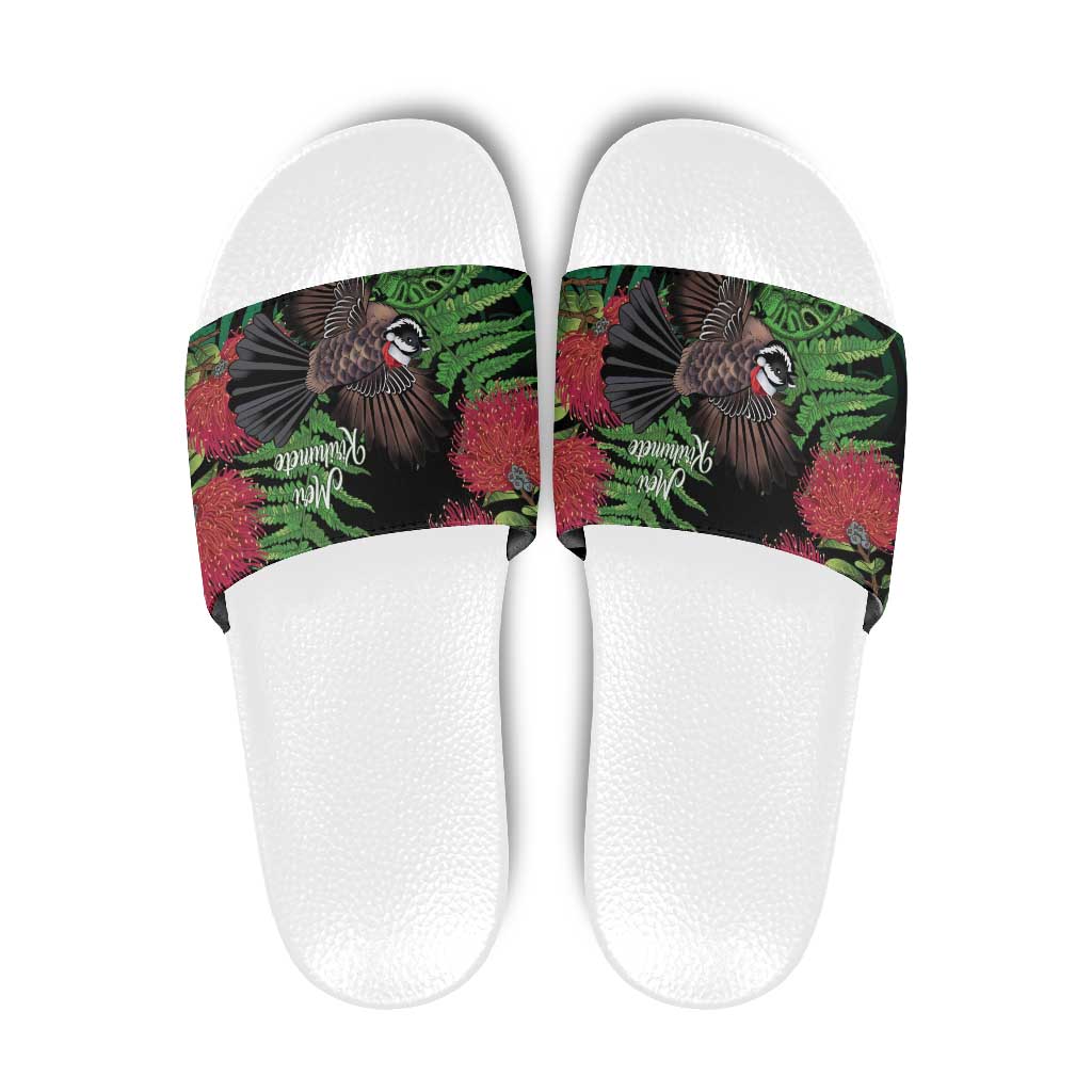 Meri Kirihimete New Zealand Slide Sandals Piwakawaka Koru Fern Mix Pohutukawa - Polynesian Pride