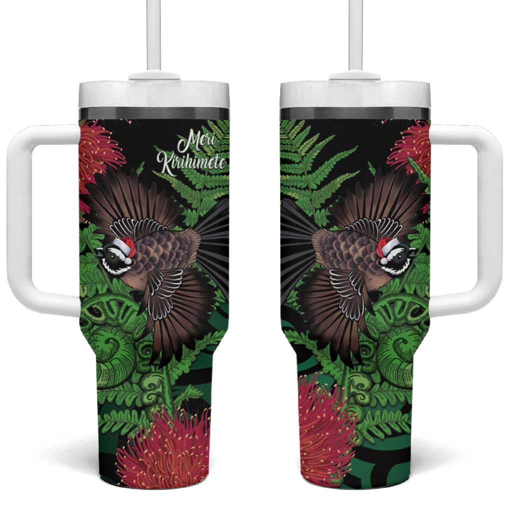 Meri Kirihimete New Zealand Tumbler With Handle Piwakawaka Koru Fern Mix Pohutukawa - Polynesian Pride