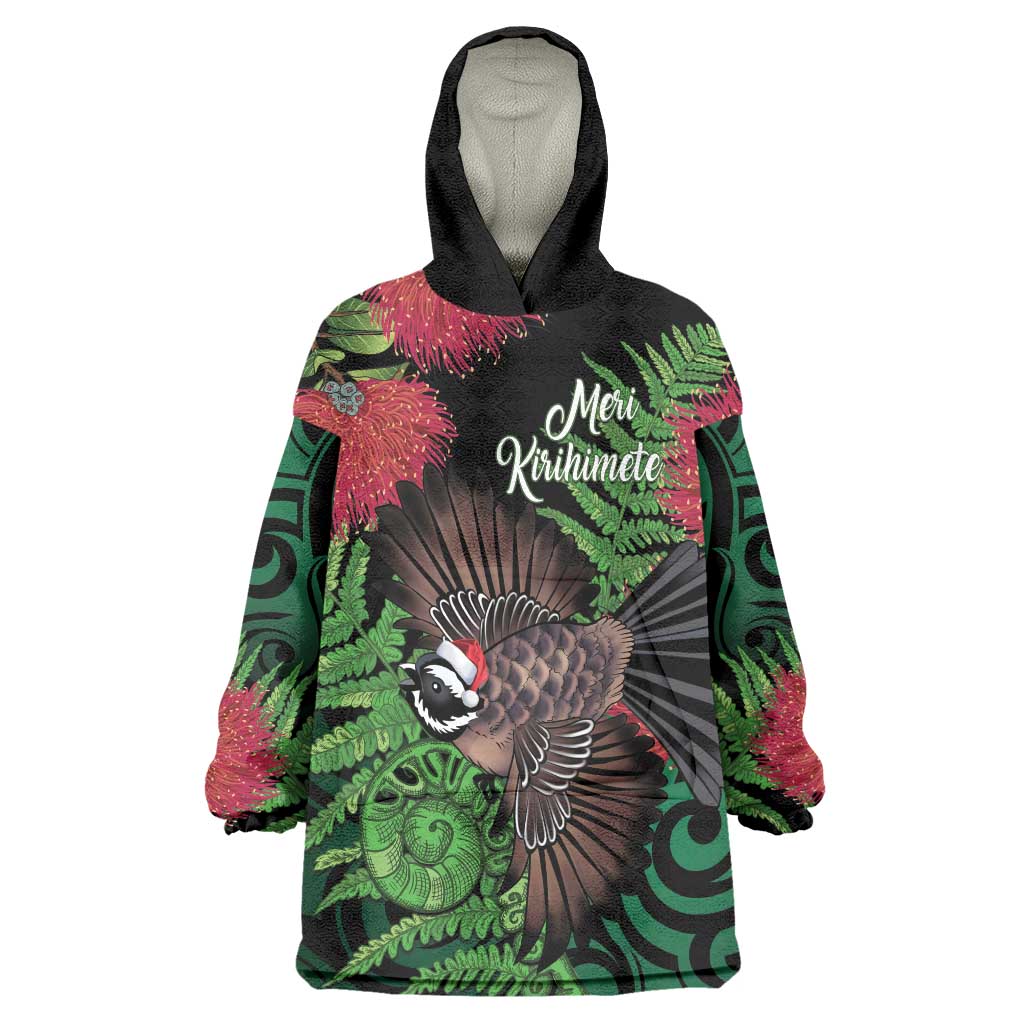 Meri Kirihimete New Zealand Wearable Blanket Hoodie Piwakawaka Koru Fern Mix Pohutukawa LT14 One Size Black - Polynesian Pride