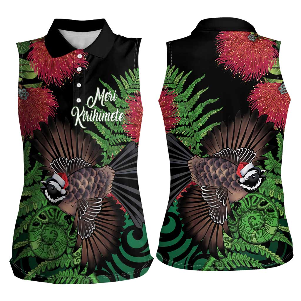 Meri Kirihimete New Zealand Women Sleeveless Polo Shirt Piwakawaka Koru Fern Mix Pohutukawa LT14 - Polynesian Pride