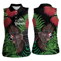 Meri Kirihimete New Zealand Women Sleeveless Polo Shirt Piwakawaka Koru Fern Mix Pohutukawa LT14 - Polynesian Pride