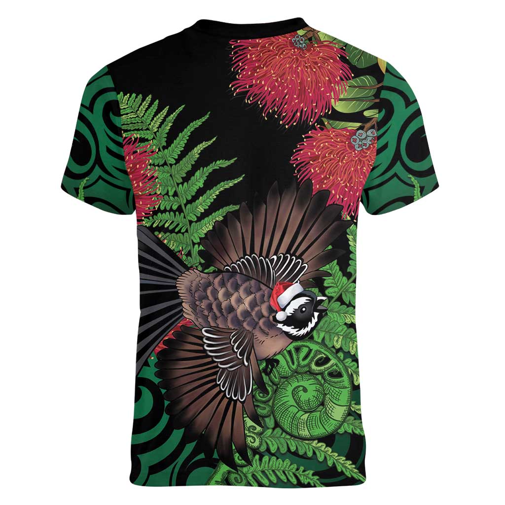 Meri Kirihimete New Zealand Women V-Neck T-Shirt Piwakawaka Koru Fern Mix Pohutukawa - Polynesian Pride