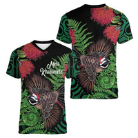 Meri Kirihimete New Zealand Women V-Neck T-Shirt Piwakawaka Koru Fern Mix Pohutukawa - Polynesian Pride