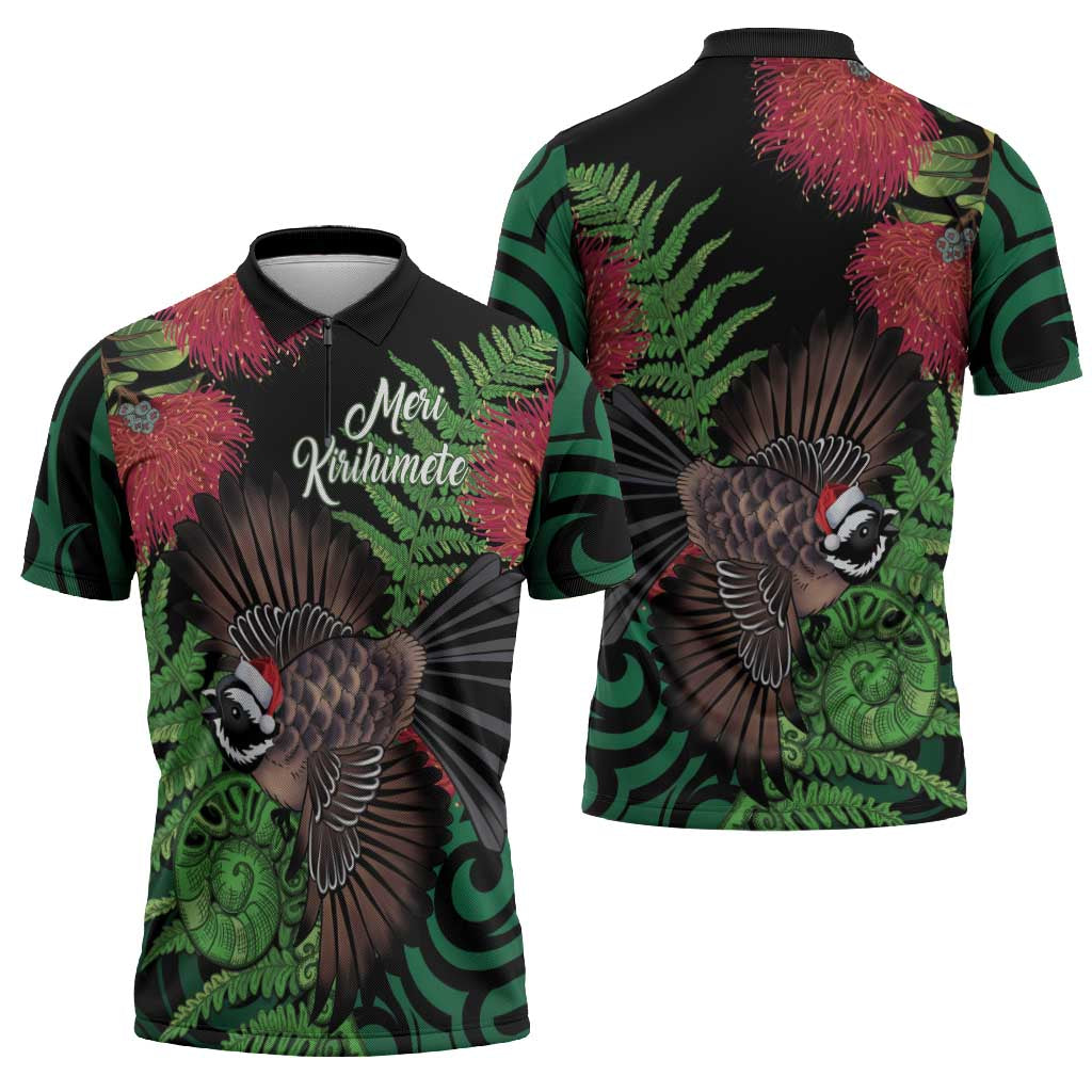 Meri Kirihimete New Zealand Zipper Polo Shirt Piwakawaka Koru Fern Mix Pohutukawa LT14 - Polynesian Pride