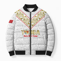 Mate Maa Tonga Rugby Custom Bomber Puffer Jacket 2026 Tongan Ngatu Pattern LT14 Unisex White - Polynesian Pride