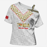 Mate Maa Tonga Rugby Custom Cross Shoulder Shirt 2026 Tongan Ngatu Pattern LT14 Female White - Polynesian Pride