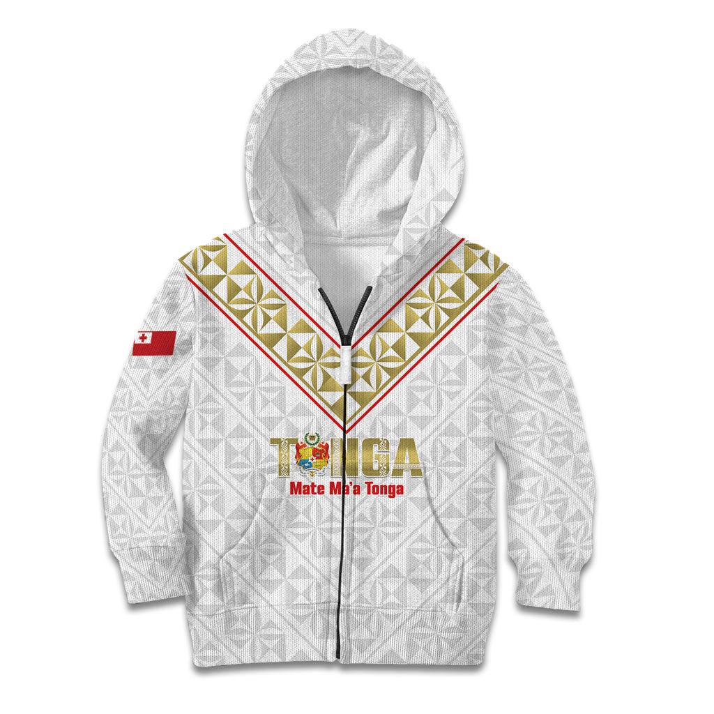Mate Maa Tonga Rugby Custom Kid Hoodie 2026 Tongan Ngatu Pattern LT14 Zip Hoodie White - Polynesian Pride