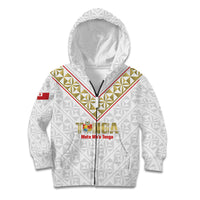 Mate Maa Tonga Rugby Custom Kid Hoodie 2026 Tongan Ngatu Pattern LT14 Zip Hoodie White - Polynesian Pride