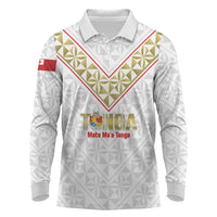 Mate Maa Tonga Rugby Custom Long Sleeve Polo Shirt 2026 Tongan Ngatu Pattern LT14 White - Polynesian Pride