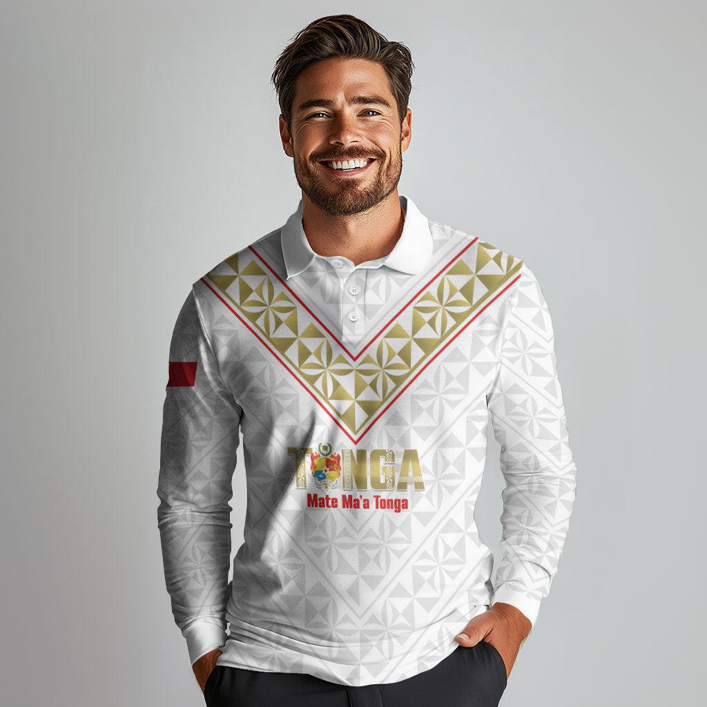 Mate Maa Tonga Rugby Custom Long Sleeve Polo Shirt 2026 Tongan Ngatu Pattern LT14 - Polynesian Pride