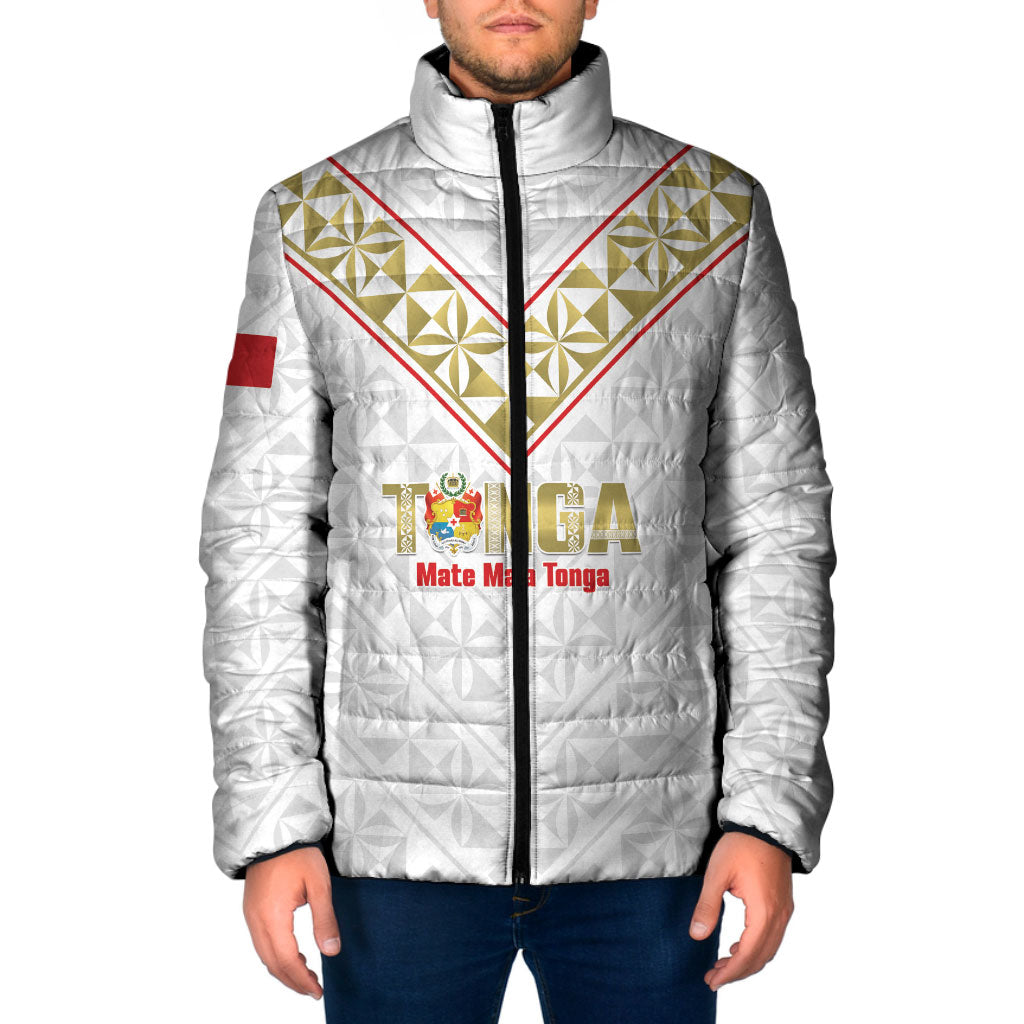 Mate Maa Tonga Rugby Custom Padded Jacket 2026 Tongan Ngatu Pattern LT14 Men White - Polynesian Pride
