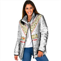 Mate Maa Tonga Rugby Custom Padded Jacket 2026 Tongan Ngatu Pattern LT14 Women White - Polynesian Pride