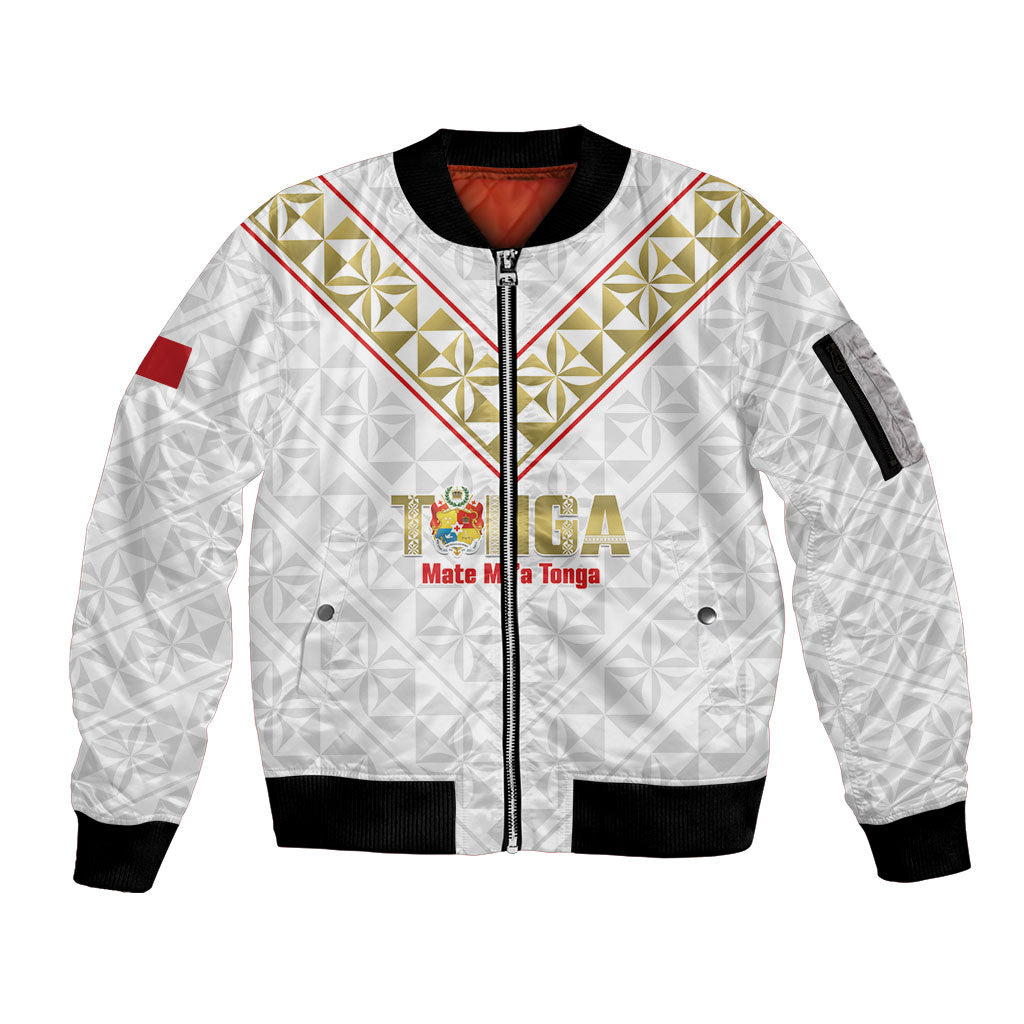 Mate Maa Tonga Rugby Custom Sleeve Zip Bomber Jacket 2026 Tongan Ngatu Pattern LT14 Unisex White - Polynesian Pride