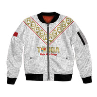 Mate Maa Tonga Rugby Custom Sleeve Zip Bomber Jacket 2026 Tongan Ngatu Pattern LT14 Unisex White - Polynesian Pride