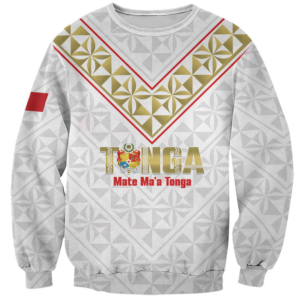Mate Maa Tonga Rugby Custom Sweatshirt 2026 Tongan Ngatu Pattern LT14 Unisex White - Polynesian Pride