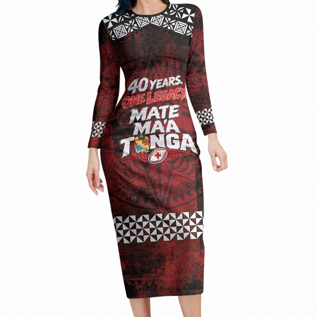 Mate Maa Tonga Rugby 2026 Long Sleeve Bodycon Dress 40 Years Anniversary One Legacy LT14 Long Dress Red - Polynesian Pride