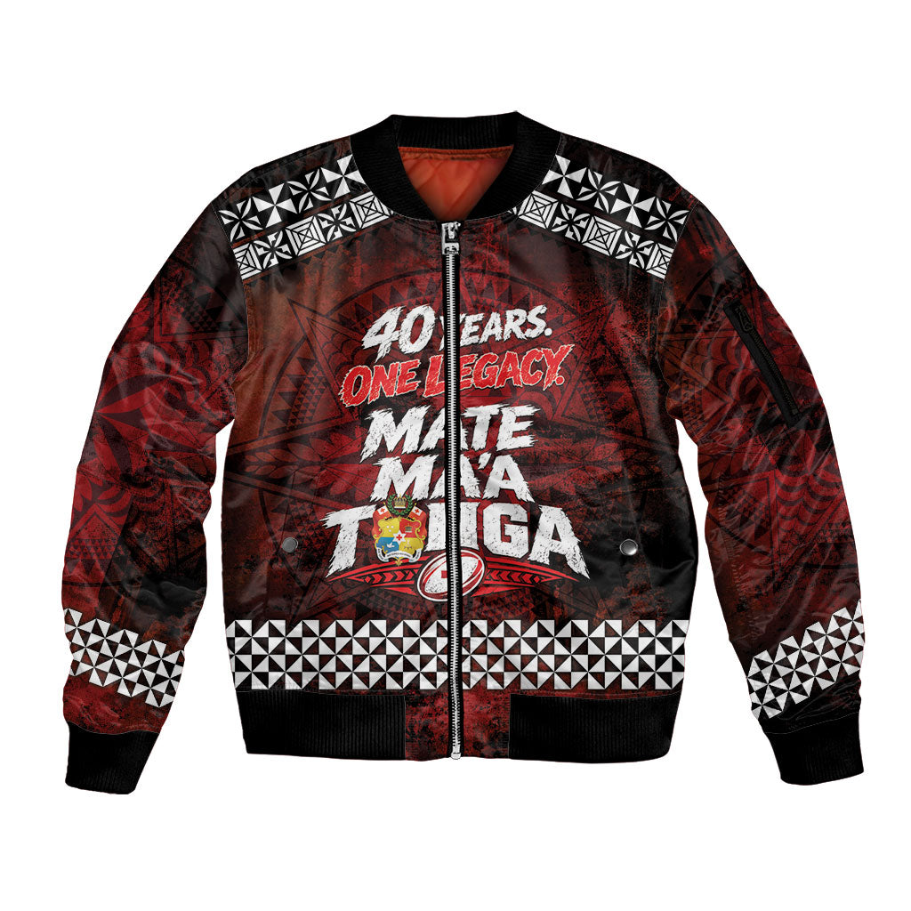 Mate Maa Tonga Rugby 2026 Sleeve Zip Bomber Jacket 40 Years Anniversary One Legacy LT14 Unisex Red - Polynesian Pride