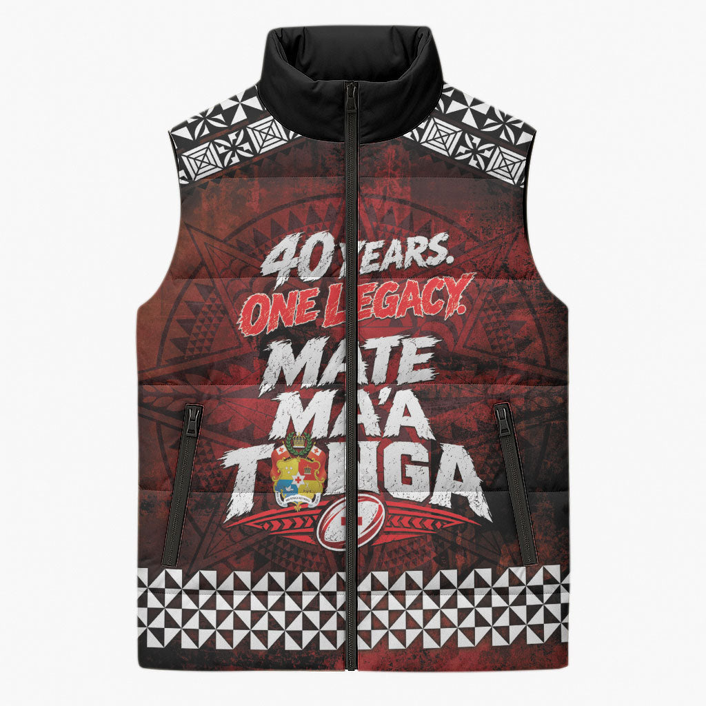 Mate Maa Tonga Rugby 2026 Sleeveless Puffer Jacket 40 Years Anniversary One Legacy LT14 Unisex Red - Polynesian Pride