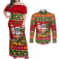 Personalised Hawaii Surfing Santa Christmas Couples Matching Off Shoulder Maxi Dress and Long Sleeve Button Shirt Tropical Pineapple Mele Kalikimaka Quilt Pattern LT14 Red - Polynesian Pride
