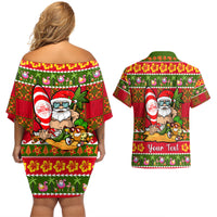 Personalised Hawaii Surfing Santa Christmas Couples Matching Off Shoulder Short Dress and Hawaiian Shirt Tropical Pineapple Mele Kalikimaka Quilt Pattern LT14 - Polynesian Pride