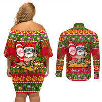 Personalised Hawaii Surfing Santa Christmas Couples Matching Off Shoulder Short Dress and Long Sleeve Button Shirt Tropical Pineapple Mele Kalikimaka Quilt Pattern LT14 - Polynesian Pride