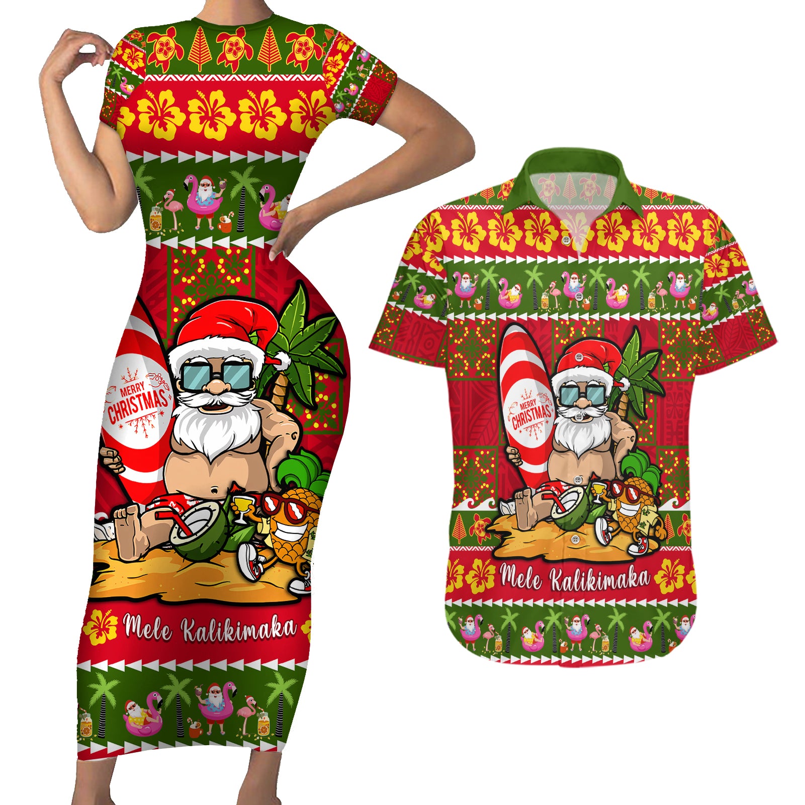 Personalised Hawaii Surfing Santa Christmas Couples Matching Short Sleeve Bodycon Dress and Hawaiian Shirt Tropical Pineapple Mele Kalikimaka Quilt Pattern LT14 Red - Polynesian Pride