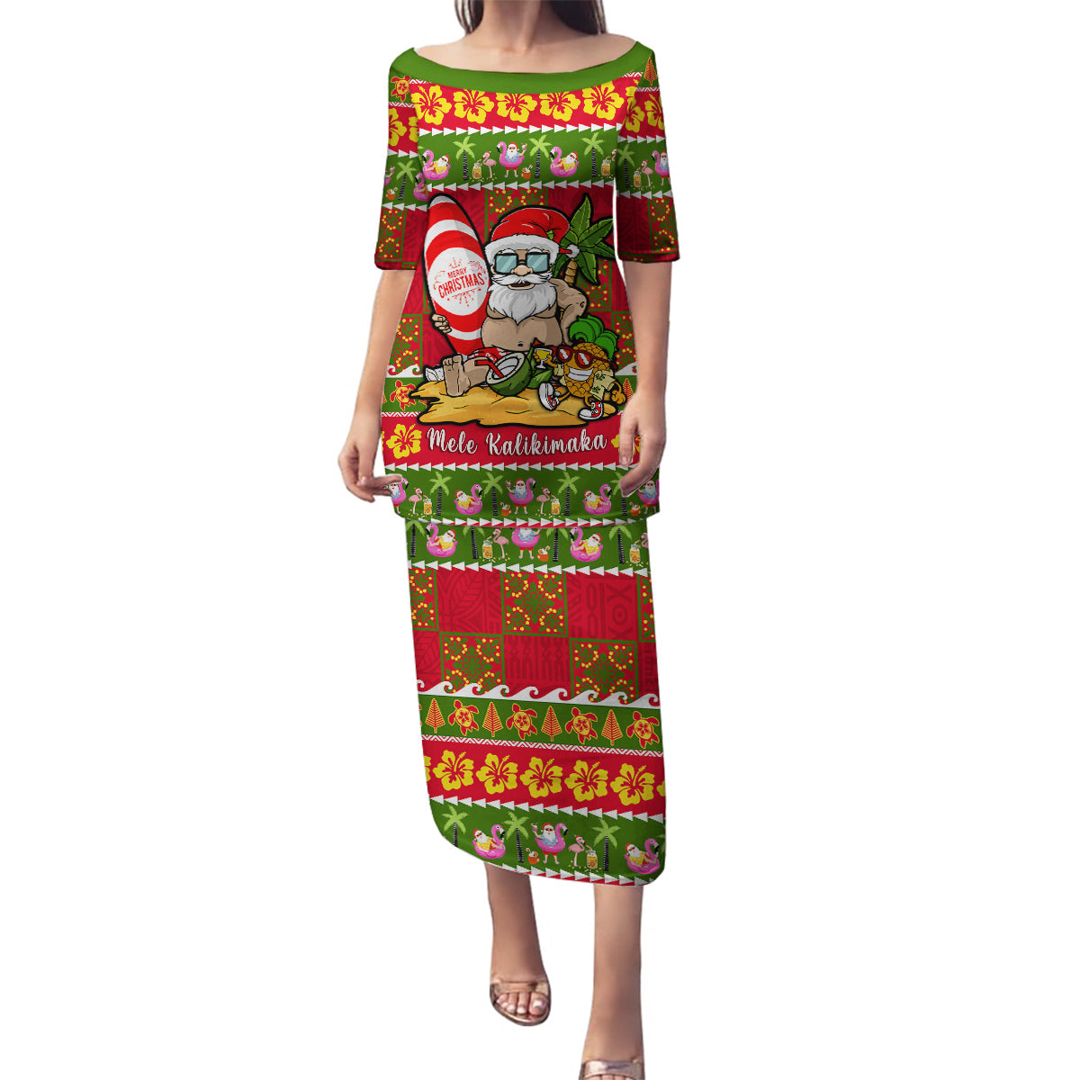 Personalised Hawaii Surfing Santa Christmas Family Matching Puletasi Dress and Hawaiian Shirt Tropical Pineapple Mele Kalikimaka Quilt Pattern LT14 Mom's Dress Red - Polynesian Pride