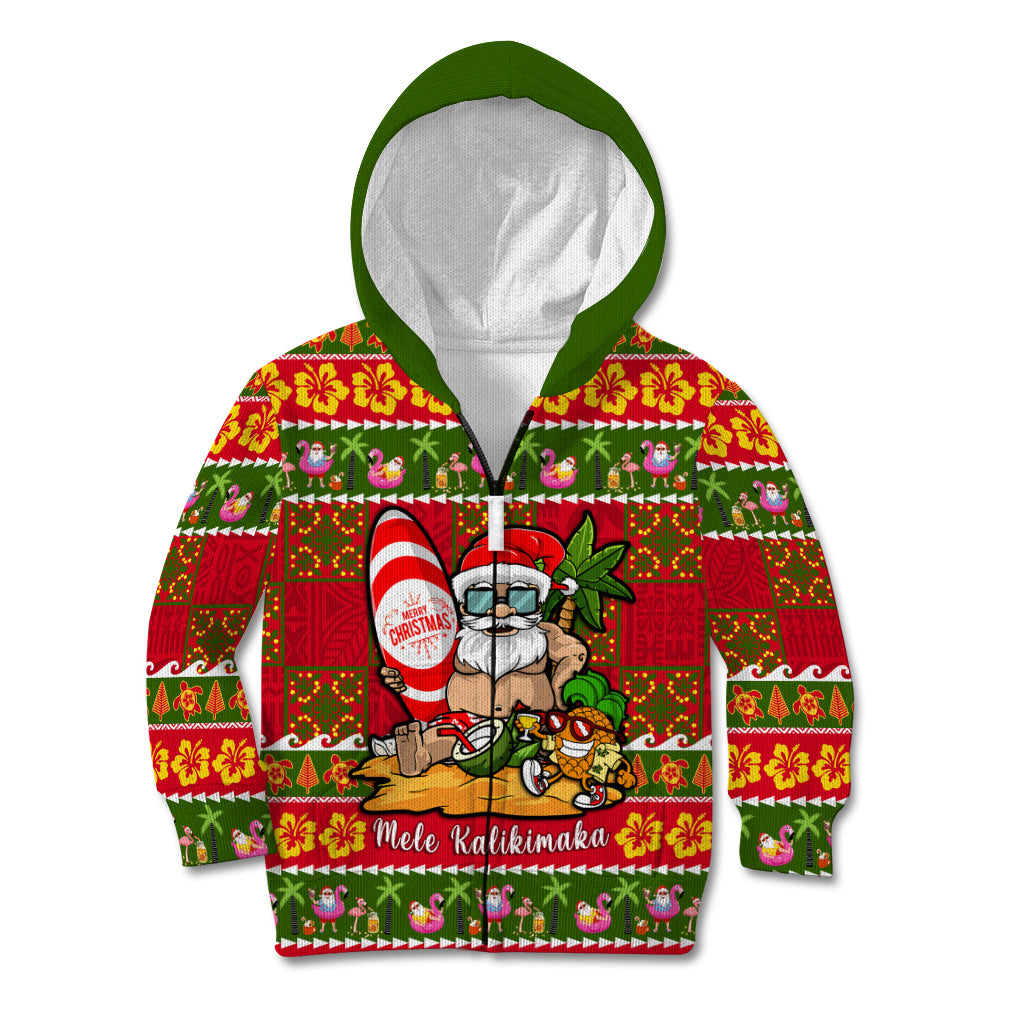 Personalised Hawaii Surfing Santa Christmas Kid Hoodie Tropical Pineapple Mele Kalikimaka Quilt Pattern LT14 Zip Hoodie Red - Polynesian Pride