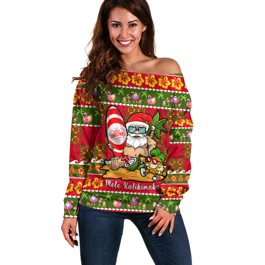 Personalised Hawaii Surfing Santa Christmas Off Shoulder Sweater Tropical Pineapple Mele Kalikimaka Quilt Pattern LT14 Women Red - Polynesian Pride