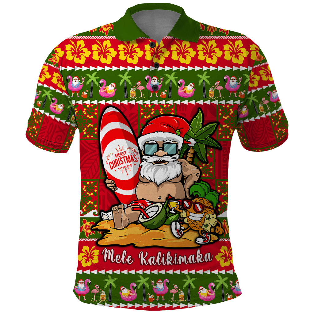 Personalised Hawaii Surfing Santa Christmas Polo Shirt Tropical Pineapple Mele Kalikimaka Quilt Pattern LT14 Red - Polynesian Pride