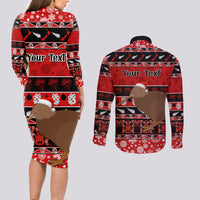 Personalised New Zealand Christmas Couples Matching Long Sleeve Bodycon Dress and Long Sleeve Button Shirt Aotearoa Kiwi Meri Kirihimete Red Version LT14 - Polynesian Pride