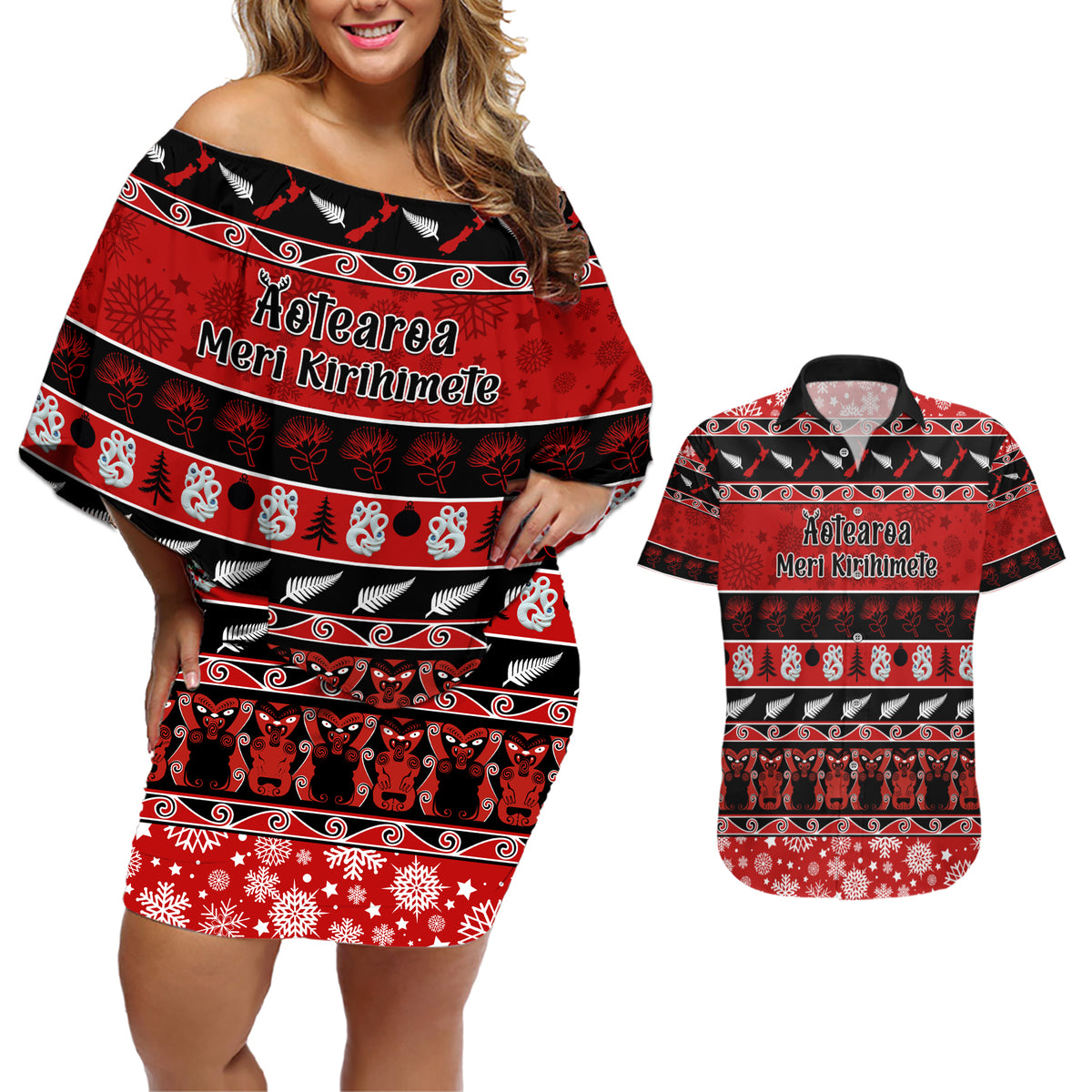 Personalised New Zealand Christmas Couples Matching Off Shoulder Short Dress and Hawaiian Shirt Aotearoa Kiwi Meri Kirihimete Red Version LT14 Red - Polynesian Pride