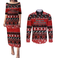 Personalised New Zealand Christmas Couples Matching Puletasi Dress and Long Sleeve Button Shirt Aotearoa Kiwi Meri Kirihimete Red Version LT14 Red - Polynesian Pride