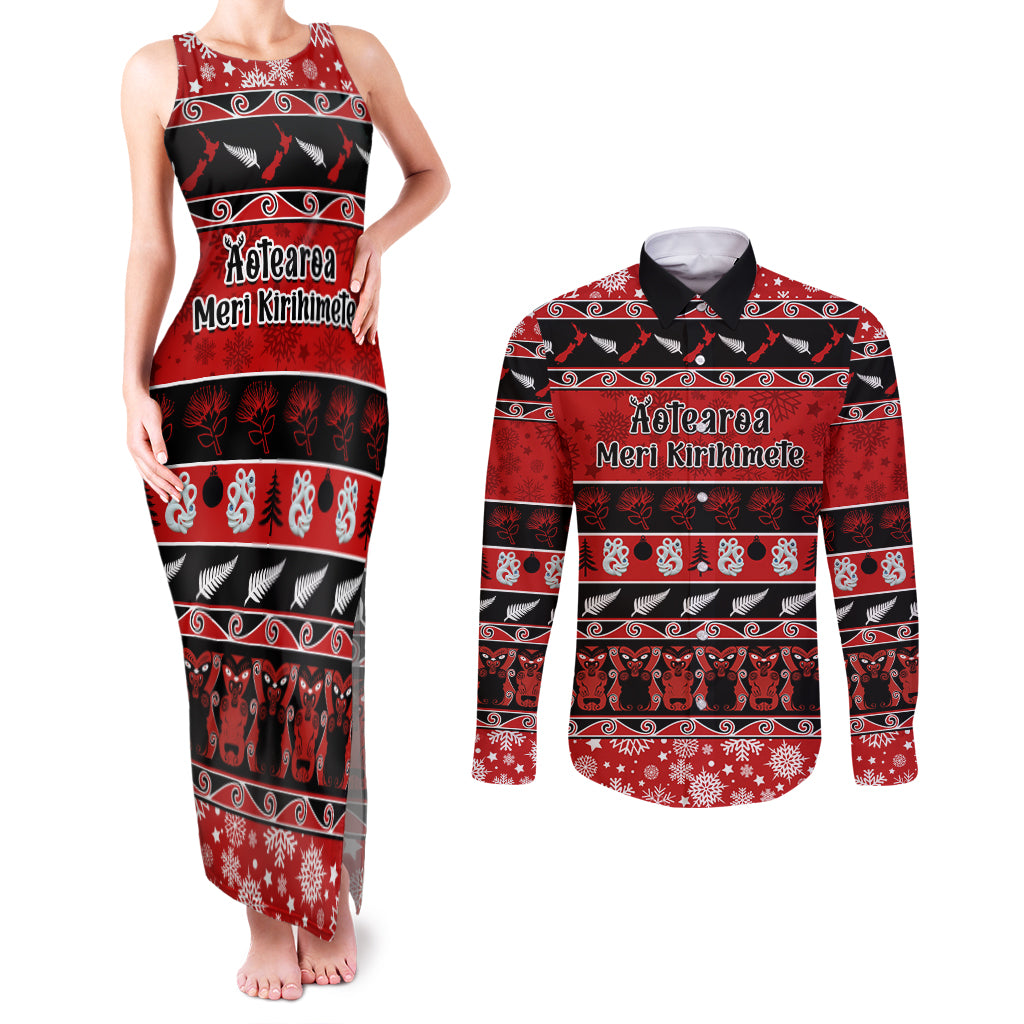 Personalised New Zealand Christmas Couples Matching Tank Maxi Dress and Long Sleeve Button Shirt Aotearoa Kiwi Meri Kirihimete Red Version LT14 Red - Polynesian Pride