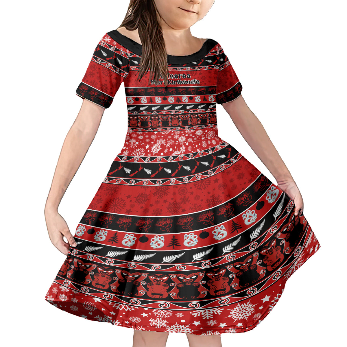 Personalised New Zealand Christmas Family Matching Puletasi Dress and Hawaiian Shirt Aotearoa Kiwi Meri Kirihimete Red Version LT14 Daughter's Dress Red - Polynesian Pride