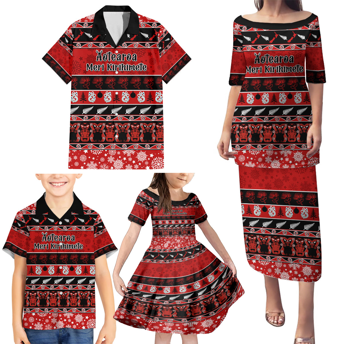 Personalised New Zealand Christmas Family Matching Puletasi Dress and Hawaiian Shirt Aotearoa Kiwi Meri Kirihimete Red Version LT14 - Polynesian Pride